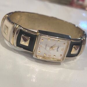 Alex L. Bangle Watch Womens Gold Black White Enamel Studded Vintage Quartz